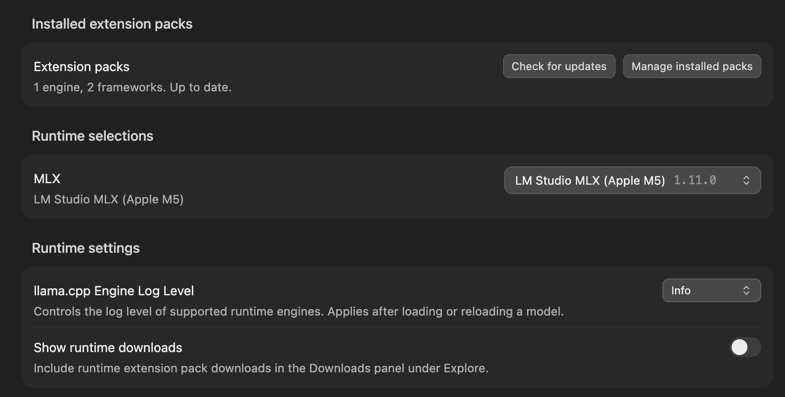 Installed LM Studio extension packs with the Apple M5 MLX runtime selected